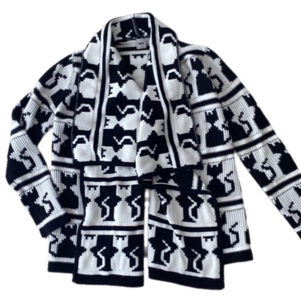 ASOS Cat Pattern Houndstooth Cowl Neck Open Front Sweater Black & White M